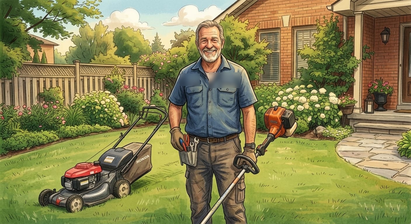 John, the friendly neighborhood lawn care and handyman, standing in a well-kept yard with his mower and trimmer in Lewistown, Pennsylvania